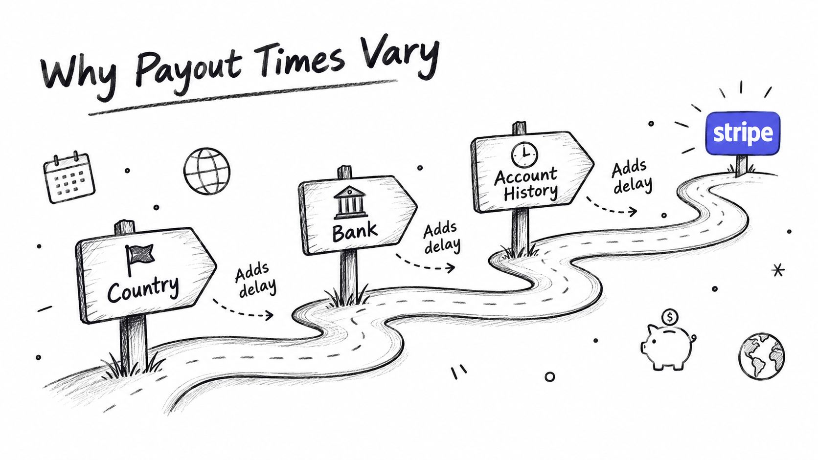 A hand-drawn illustration showing factors that cause Stripe payout times to vary, including country, bank, and history.