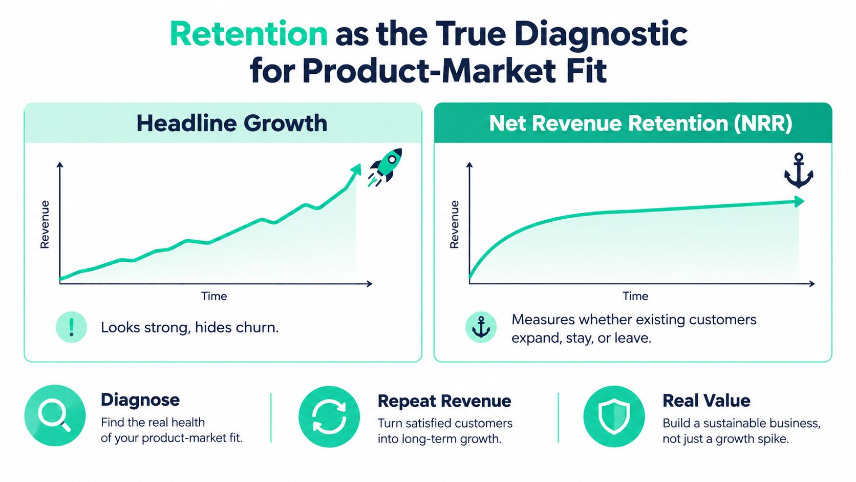 An infographic comparing Headline Growth and Net Revenue Retention metrics for measuring SaaS product-market fit success.