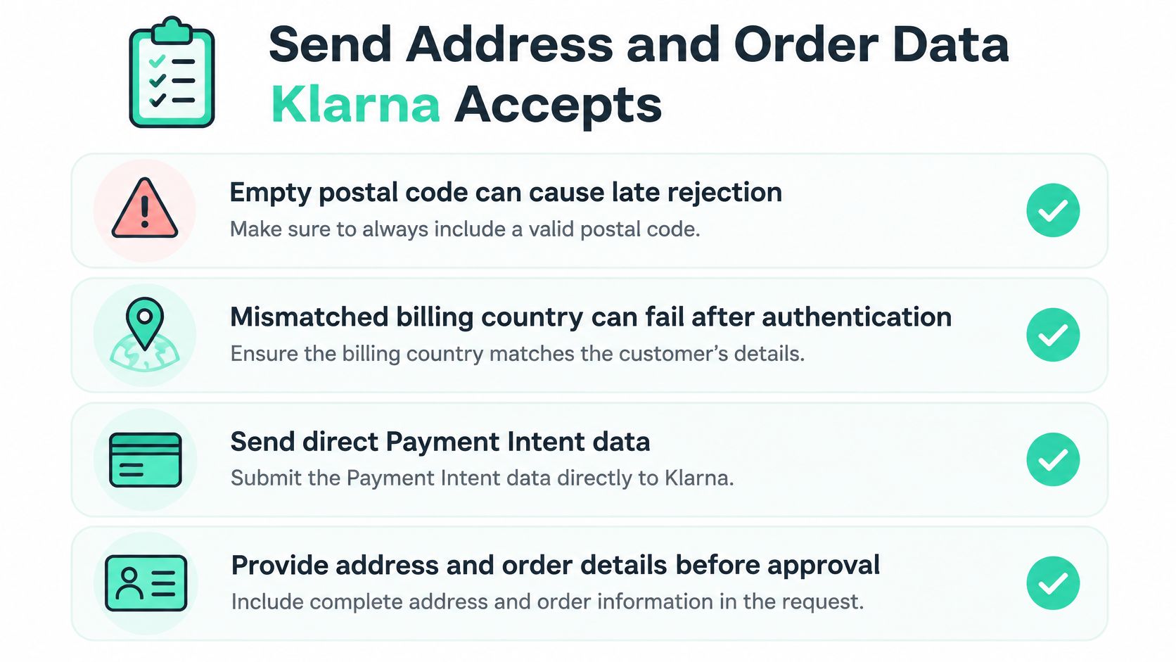 A checklist infographic outlining best practices for sending address and order data when using Klarna.