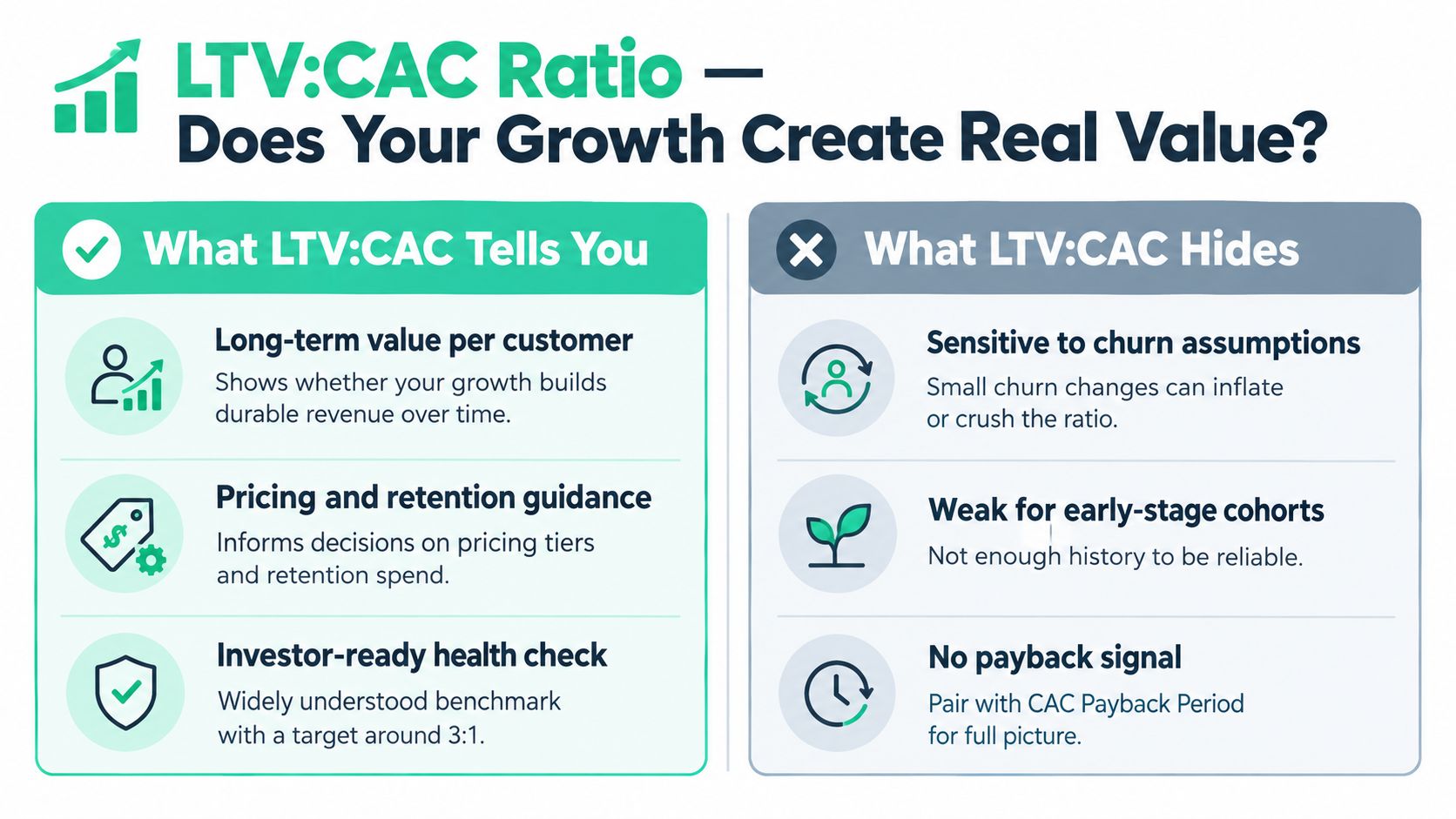 A professional infographic titled LTV:CAC Ratio outlining what this efficiency metric tells you and what it hides.