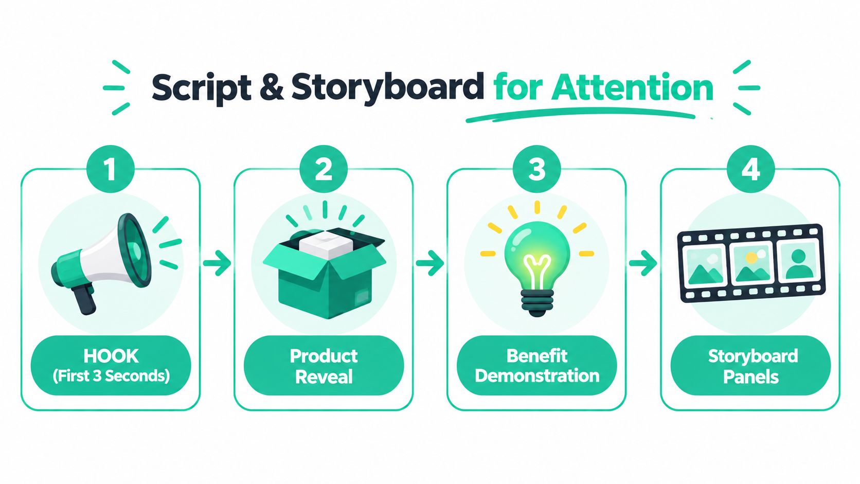 A diagram illustrating a four-step process for creating engaging product launch videos for better audience retention.