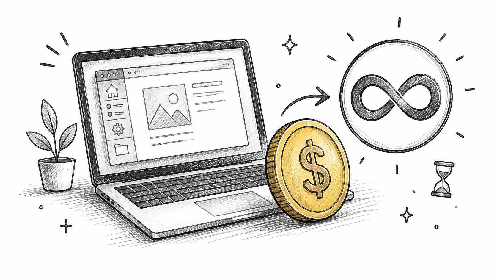 A pencil sketch of a laptop, a gold dollar coin, and an infinity symbol, symbolizing digital financial growth.