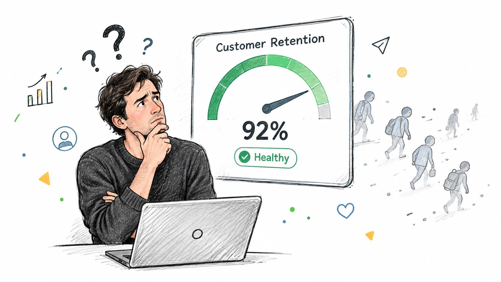 A pensive professional sitting at a laptop looking at a gauge displaying a 92% healthy customer retention rate.