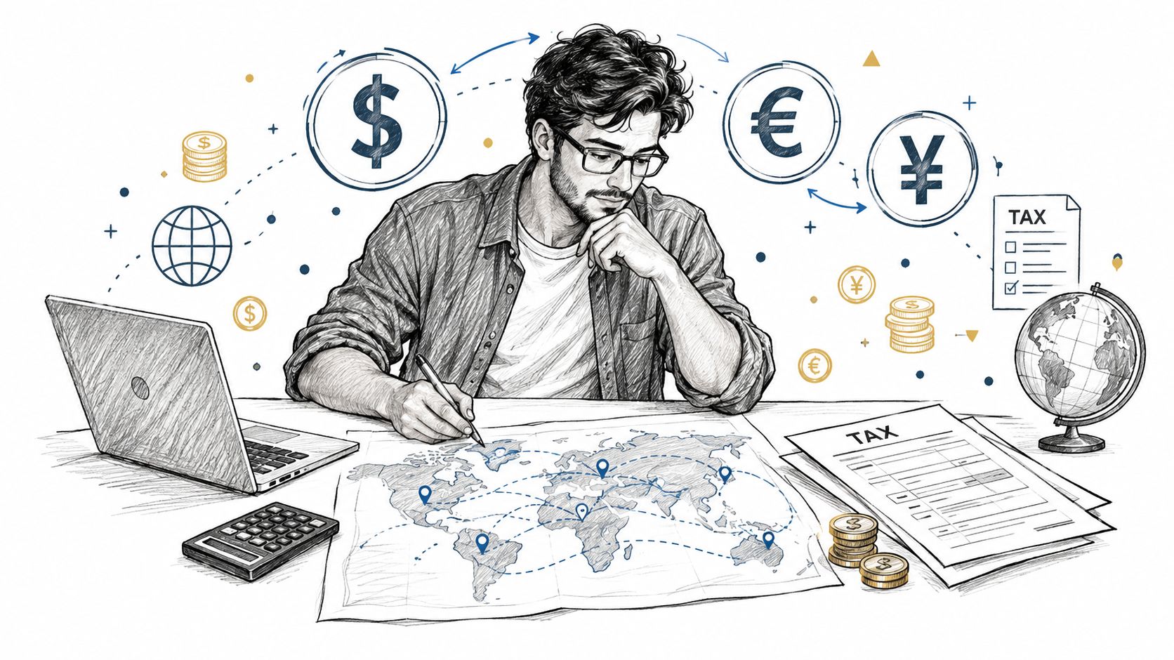 A man working at a desk with a laptop, world map, tax documents, and international currency symbols.