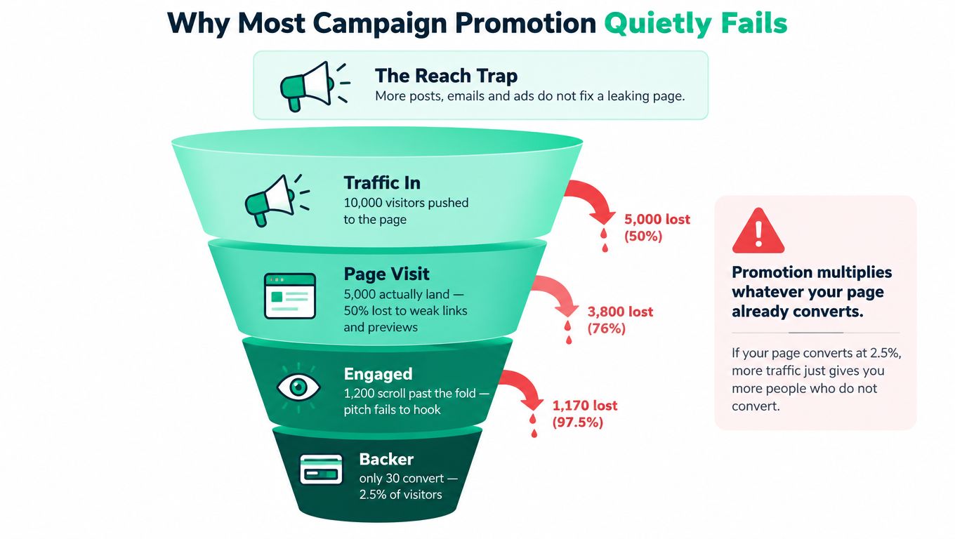 A funnel diagram illustrating why crowdfunding campaigns fail due to poor conversion rates at each stage.