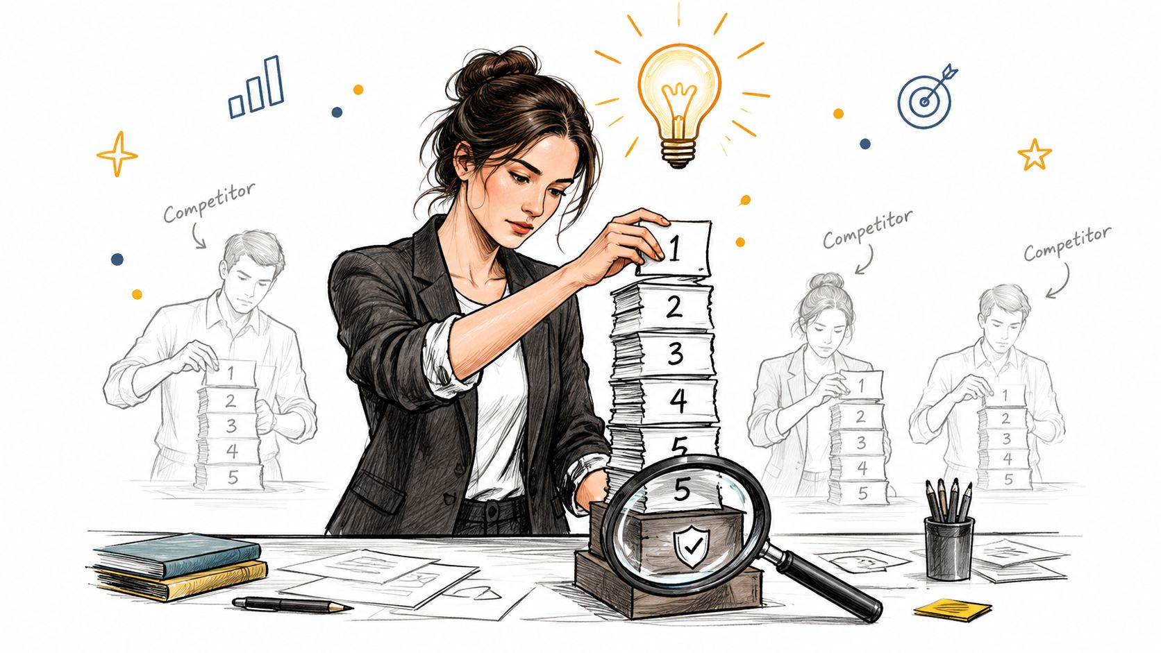 A professional woman building a unique stack of documents while competitors work in the background.