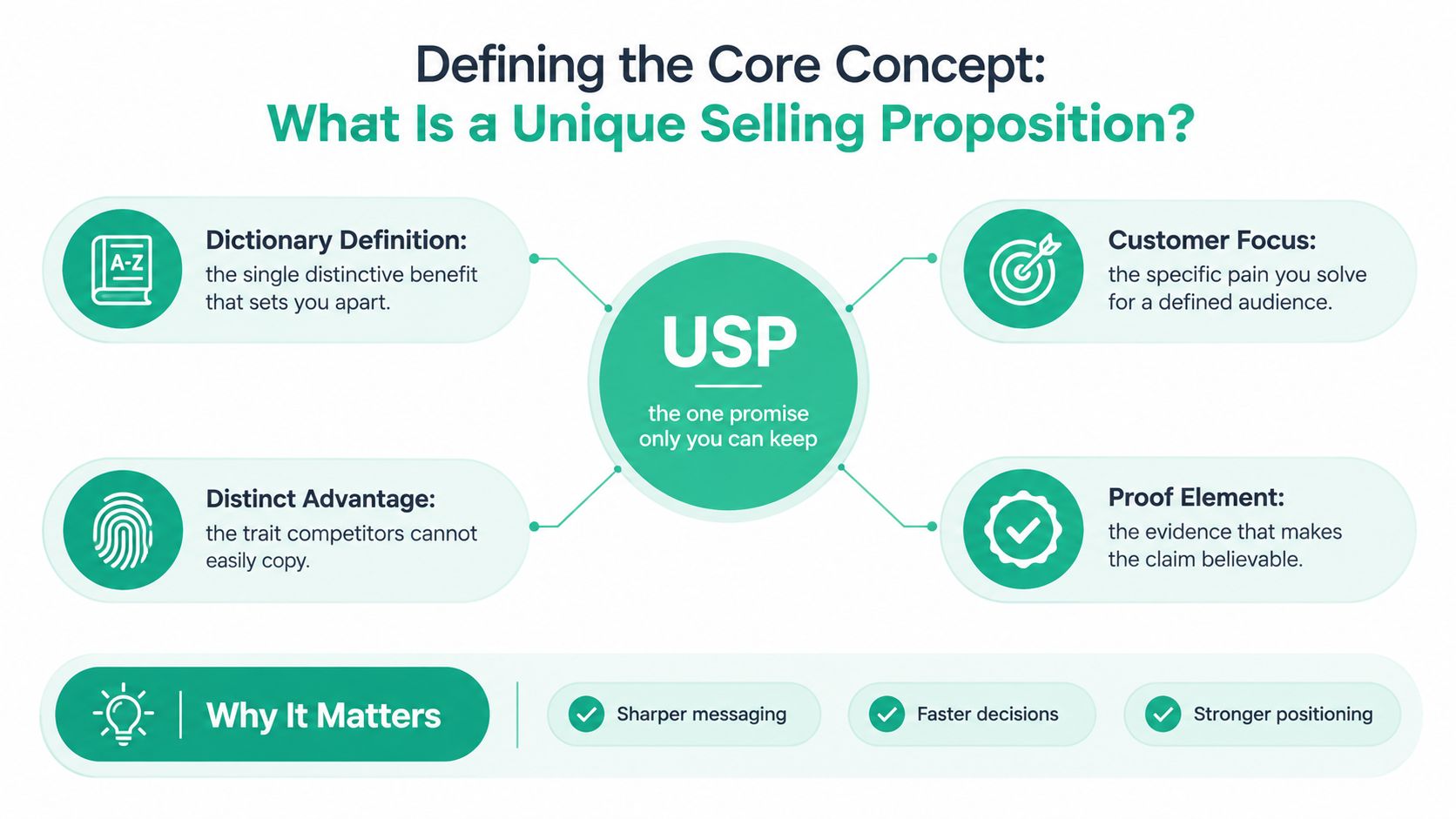 A visual infographic explaining what a Unique Selling Proposition is with its four key components.