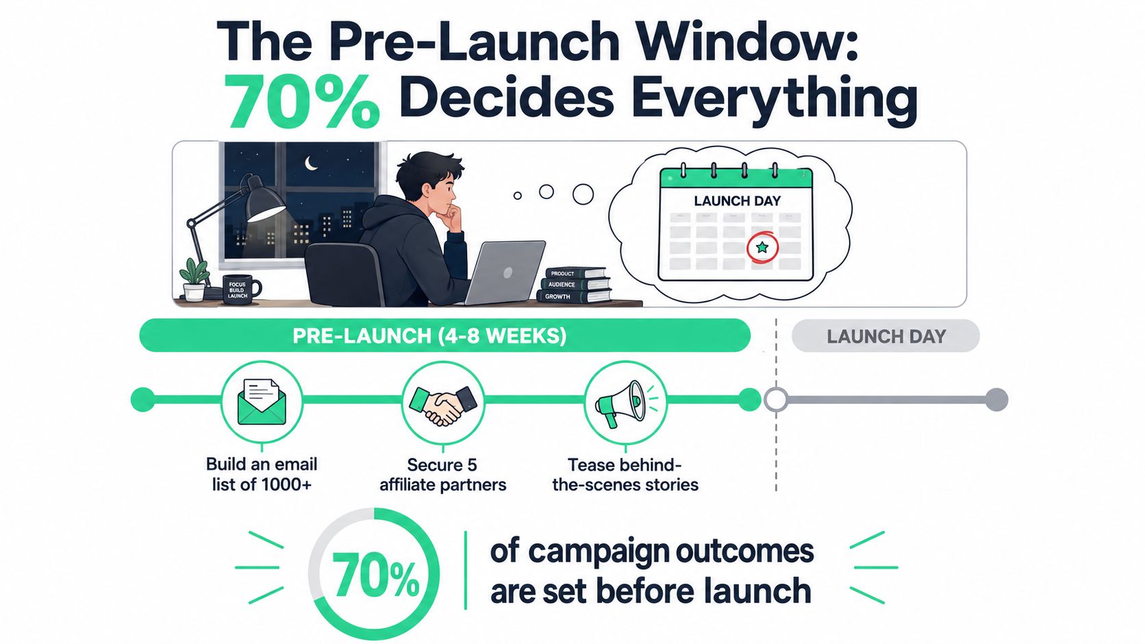 A visual guide explaining how 70% of crowdfunding campaign success is determined during the pre-launch phase.
