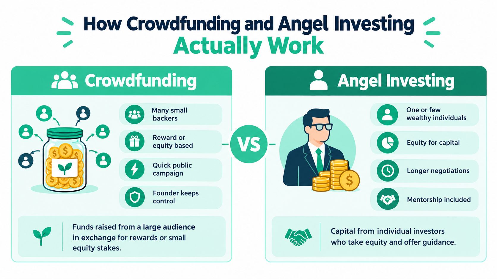 A comparison infographic showing the key differences between crowdfunding and angel investing models for businesses.