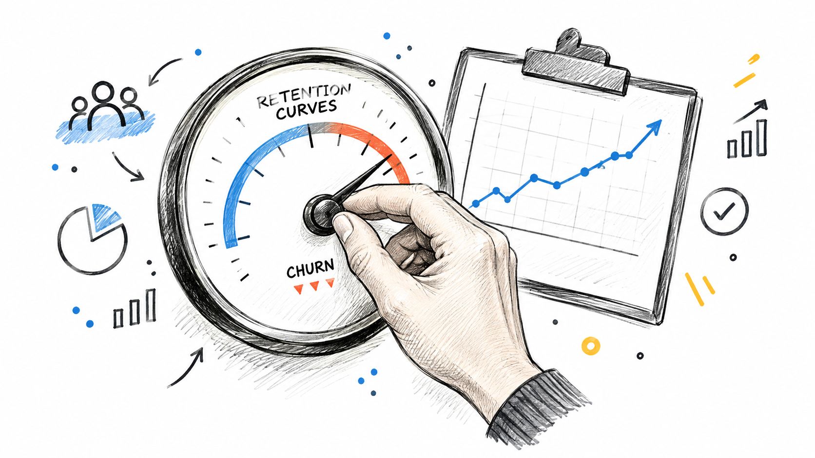 A hand turning a dial showing churn and retention to improve business growth and customer analytics.