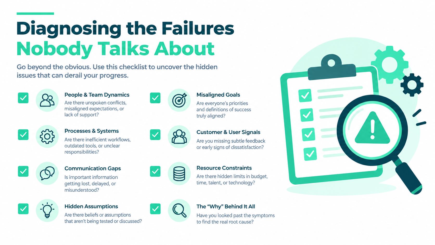 A diagnostic checklist for identifying hidden business failures, including team dynamics, process inefficiencies, and communication gaps.