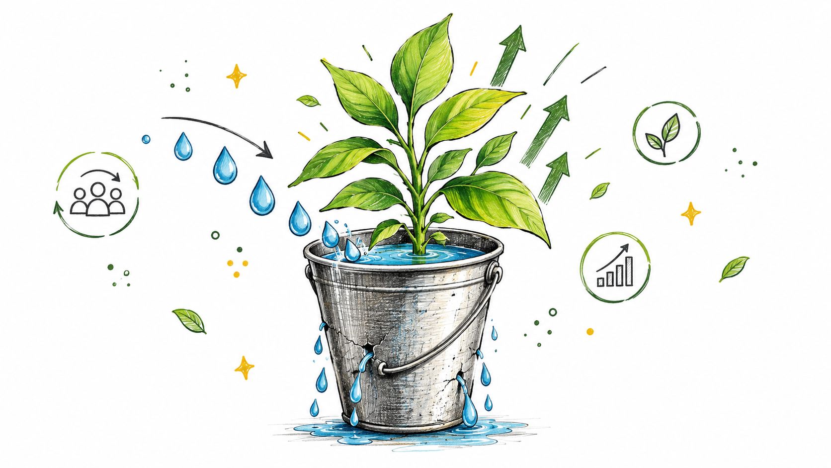 A small plant growing in a leaky metal bucket being filled with water drops, symbolizing efficiency.