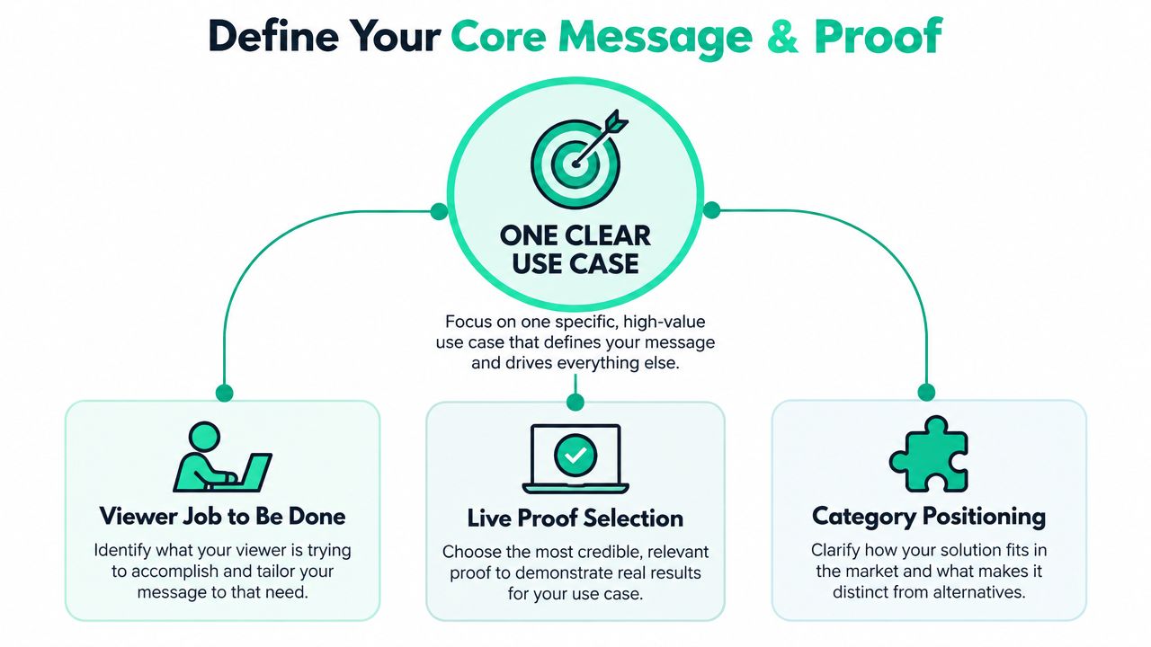 A diagram outlining the strategy to define a core message and proof for a clear use case.