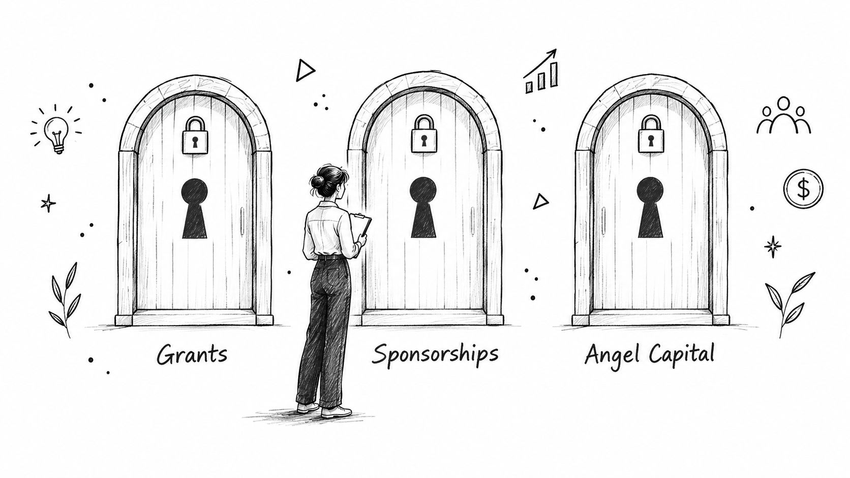 A professional woman standing before three locked doors labeled Grants, Sponsorships, and Angel Capital for funding.