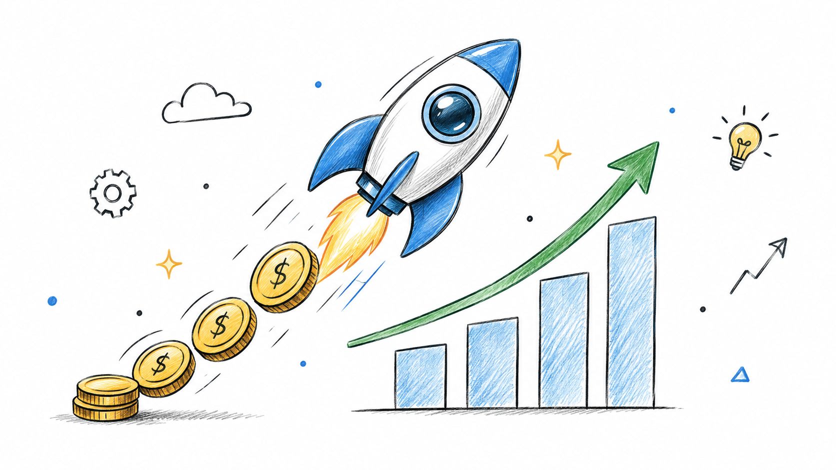 A conceptual illustration of a rocket launching with rising gold coins and a growing bar chart graph.