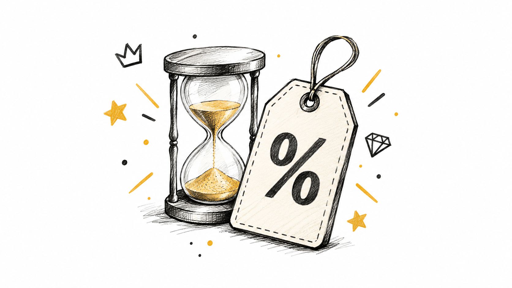 A hand-drawn illustration featuring an hourglass next to a hanging discount price tag with a percentage symbol.