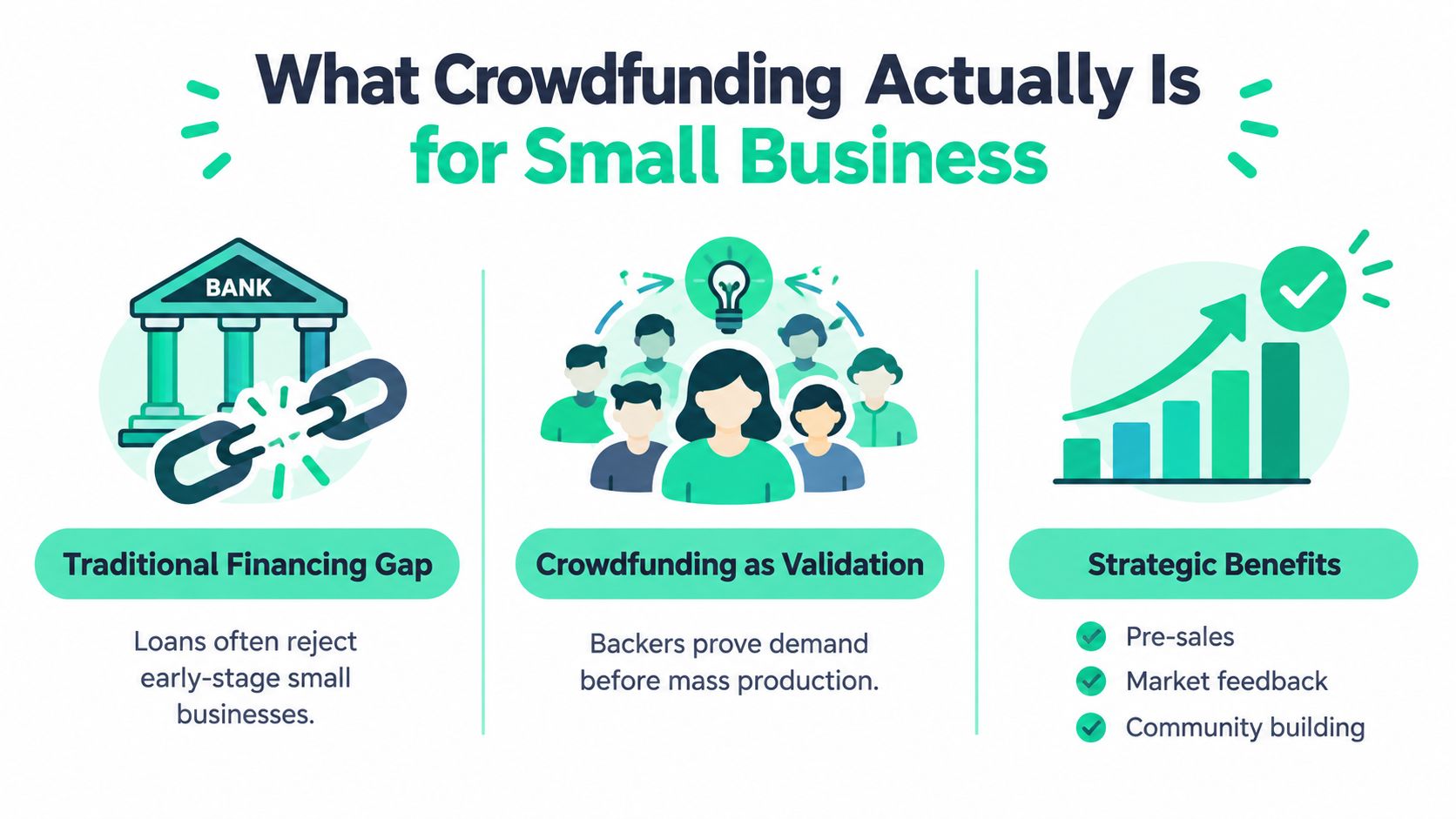 An infographic titled What Crowdfunding Actually Is for Small Business showing financial challenges, validation, and benefits.