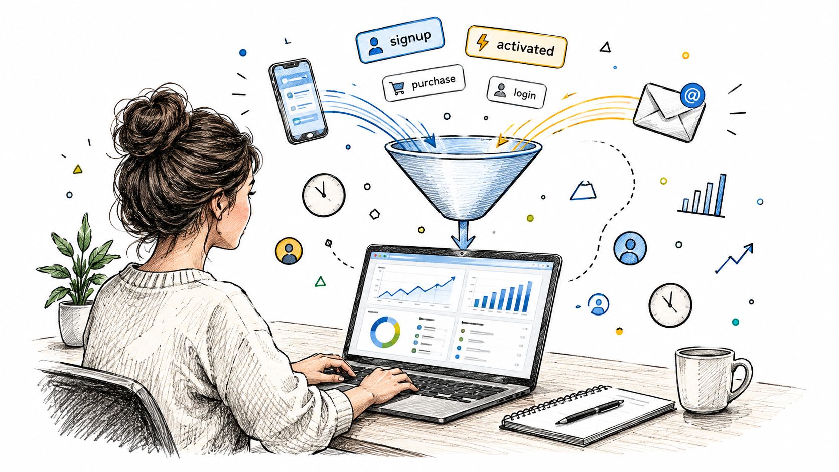 A woman working on a laptop analyzing SaaS user onboarding metrics illustrated through a sales funnel graphic.