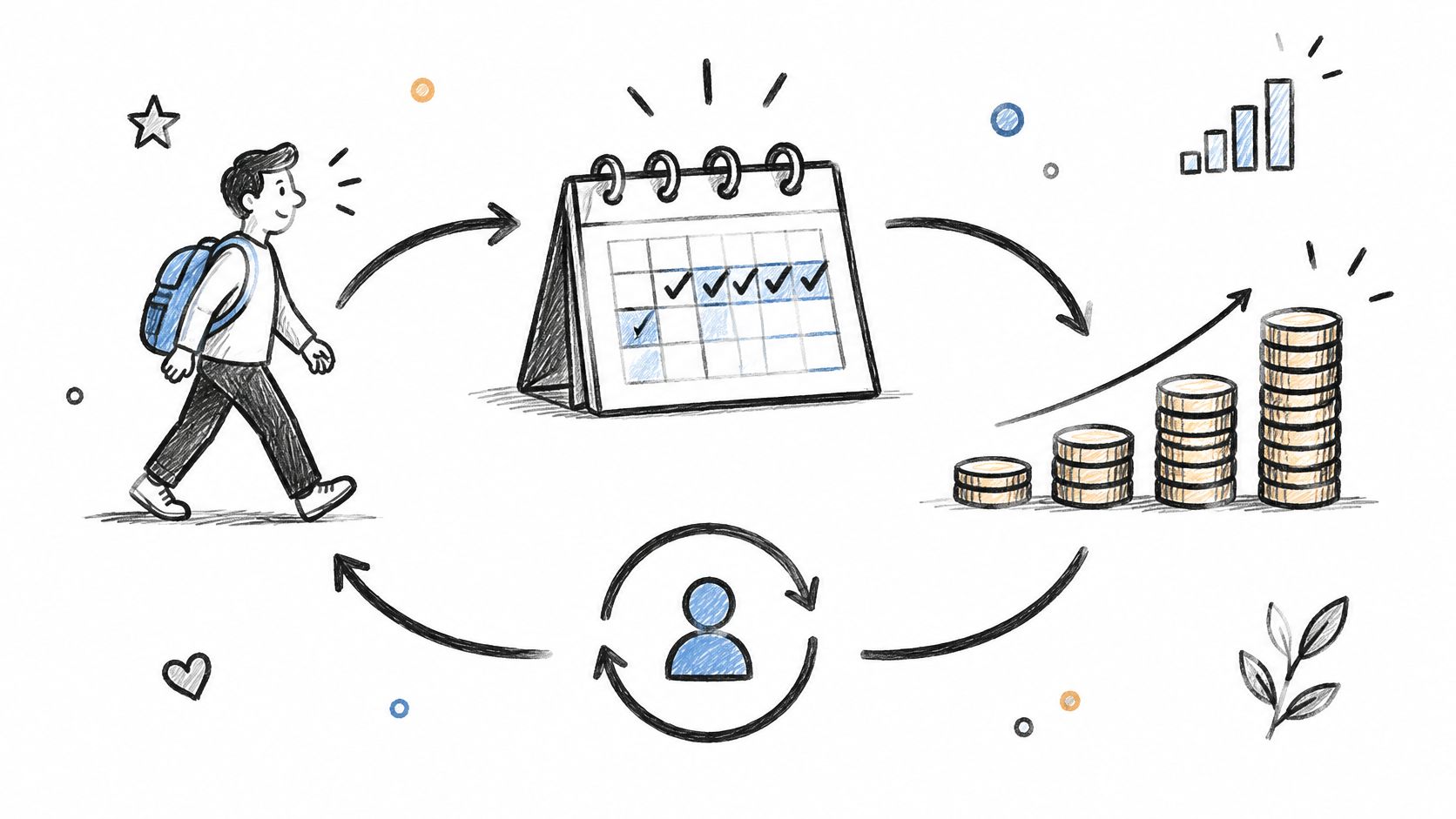 A hand-drawn illustration showing a person, a calendar, and stacks of coins in a circular flow cycle.