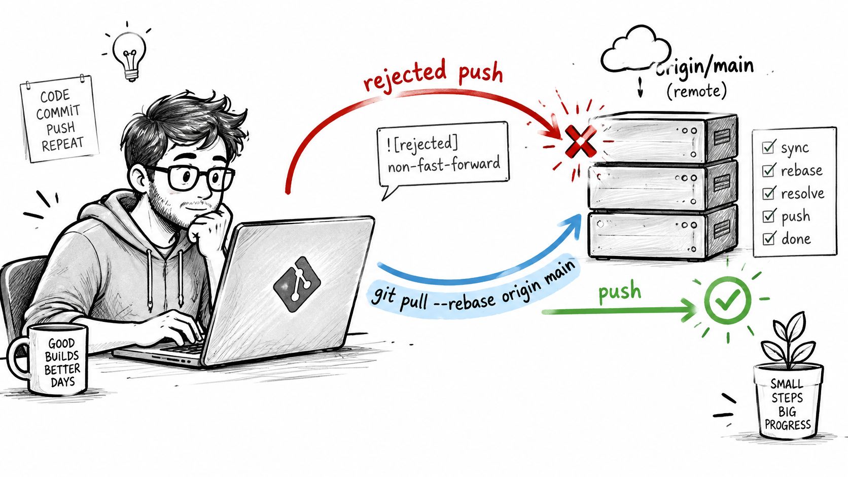 A developer resolving a non-fast-forward git push rejection by using git pull with rebase, followed by a successful push.