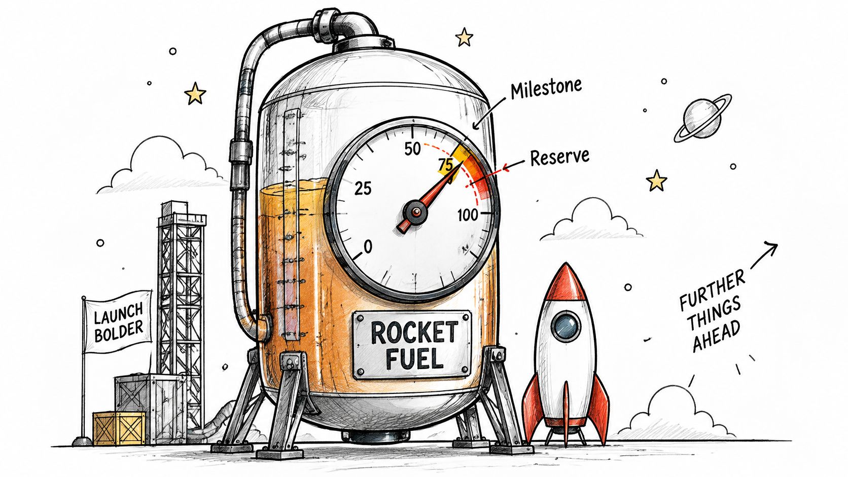 A hand-drawn illustration showing a rocket fuel tank with a gauge and a small rocket standing nearby.