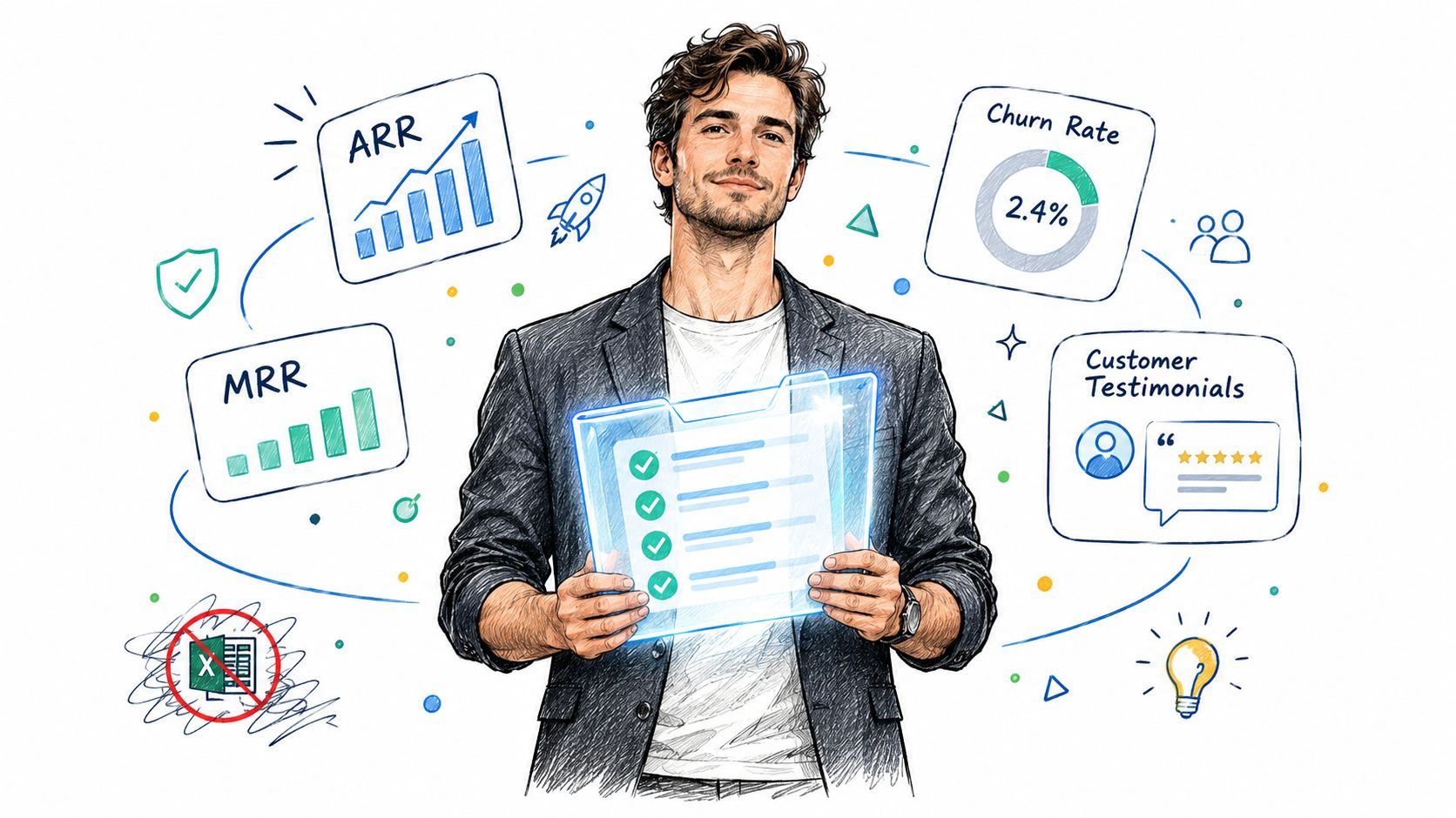 A professional man holding a glowing digital dashboard displaying business metrics like ARR, MRR, and churn rates.