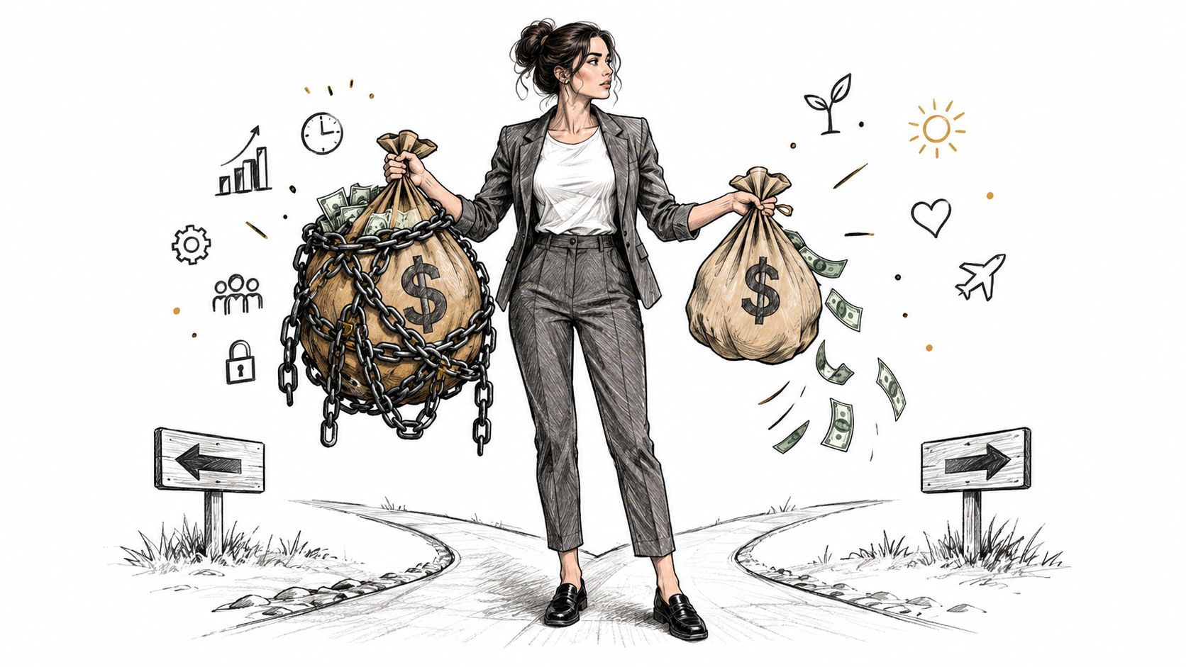 A businesswoman standing at a crossroads holding a chained money bag and an open bag of money.