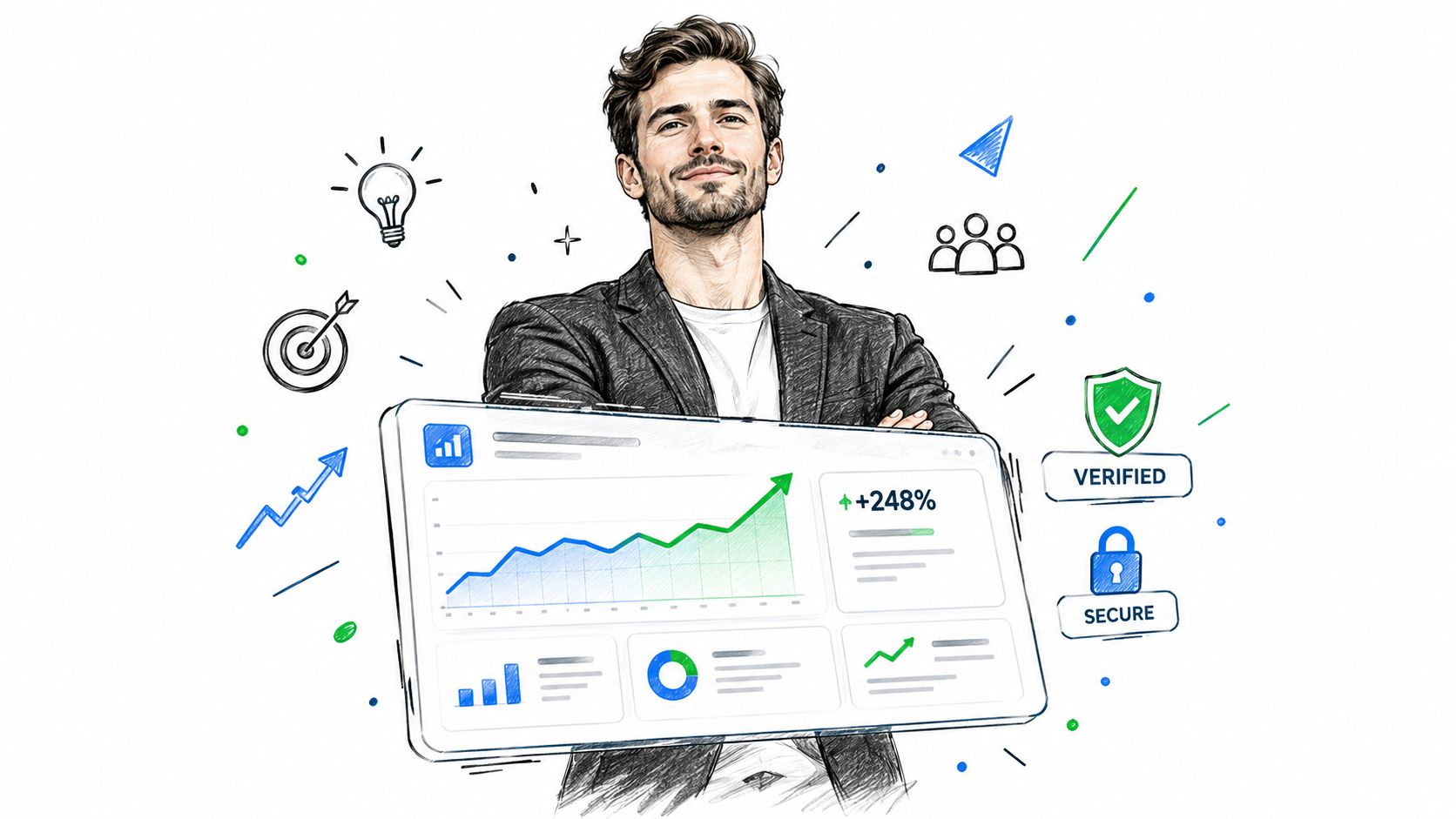 A professional man holding a digital tablet displaying financial growth charts and business success icons.