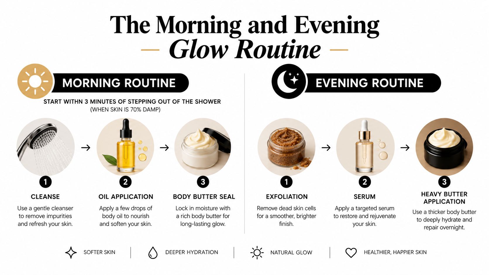 An infographic detailing a daily skincare routine for body glow using oil, serum, and body butter.