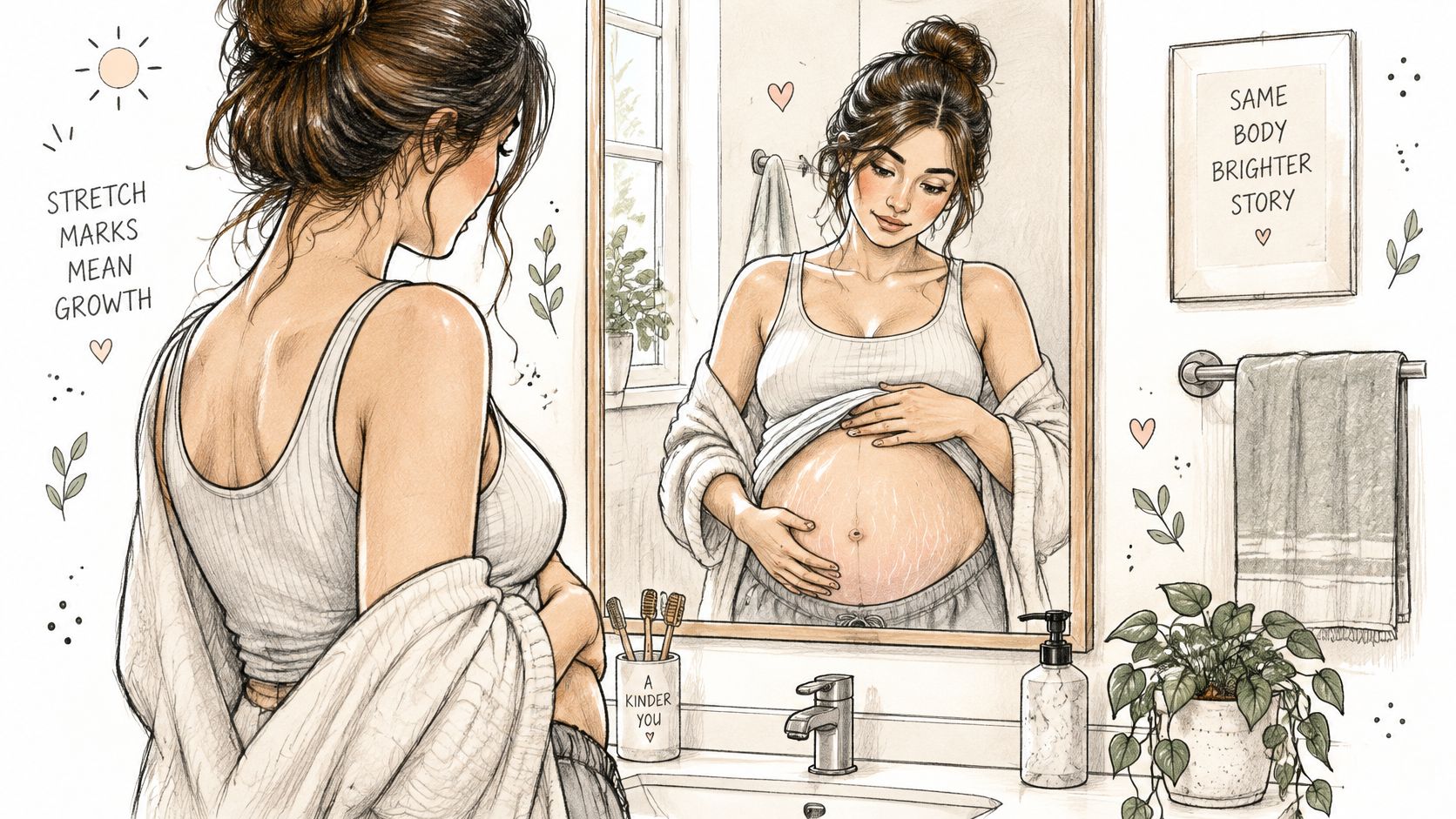 A pregnant woman looks at her reflection in the mirror, embracing her stretch marks with confidence.