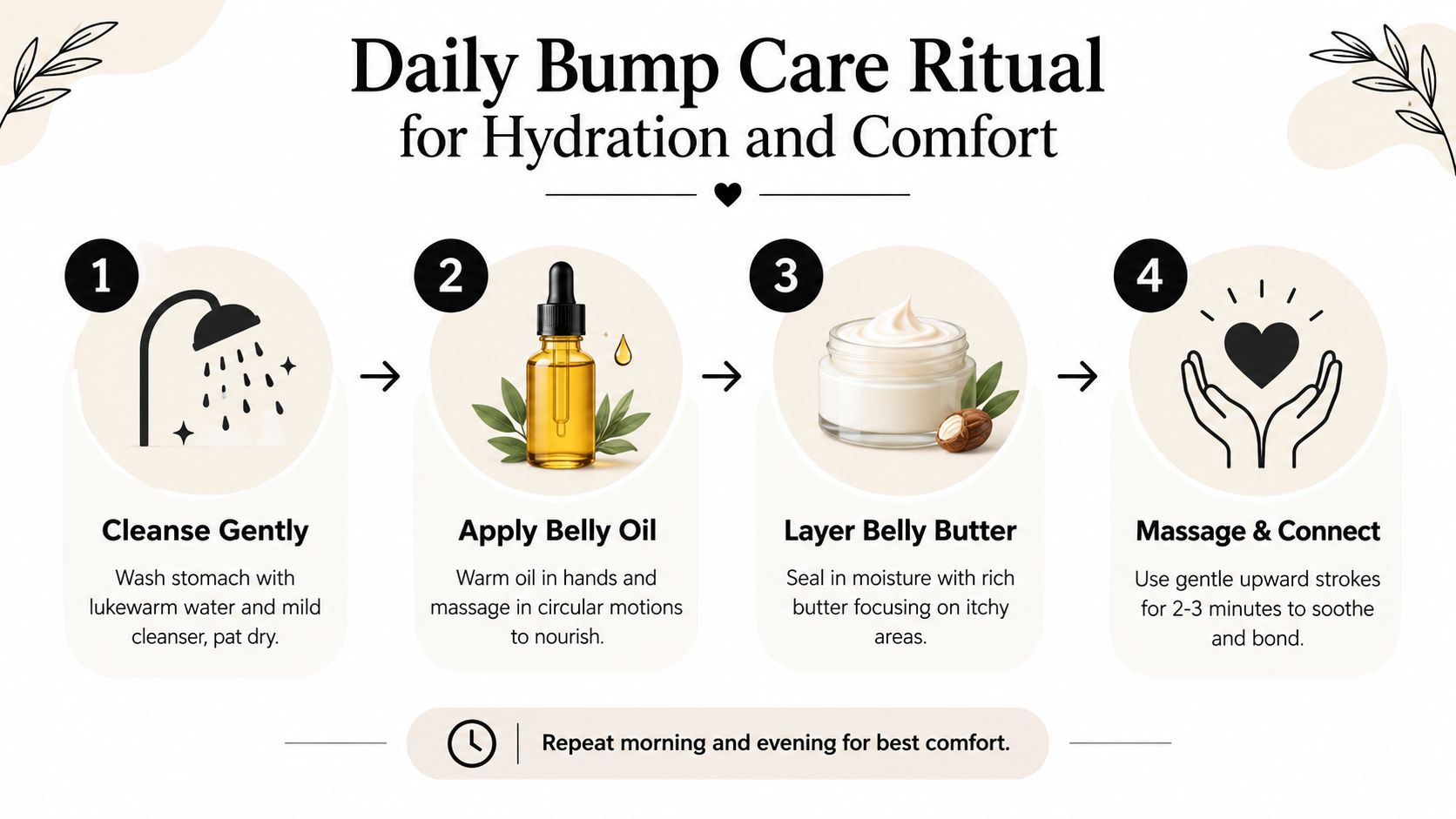 A four-step daily bump care ritual guide for pregnant women to ensure hydration and skin comfort.