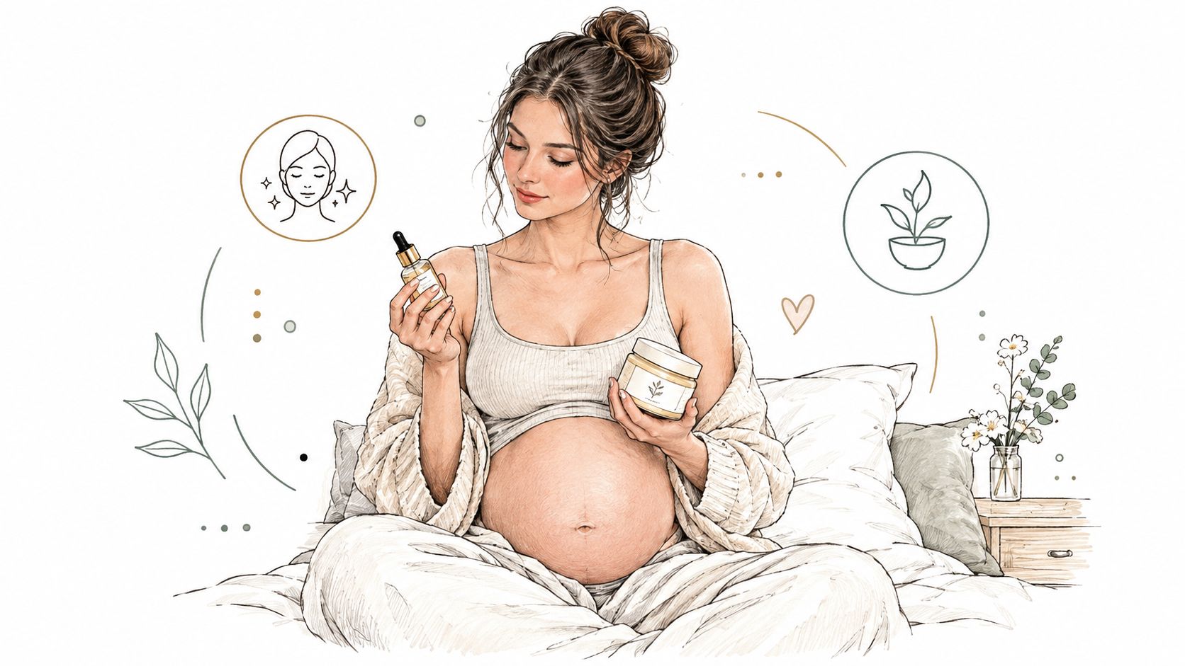 A pregnant woman sitting on a bed, looking at natural skincare products for pregnancy self-care routine.