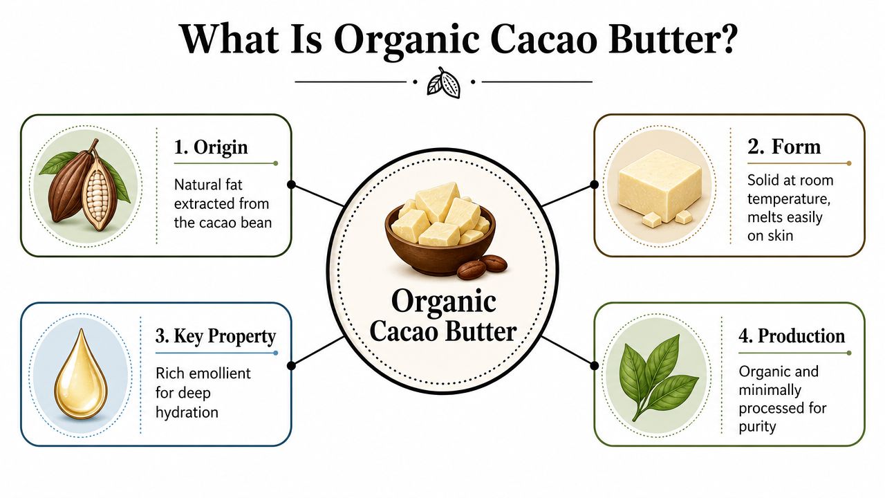 An infographic explaining organic cacao butter, covering its origin, physical form, key properties, and production methods.