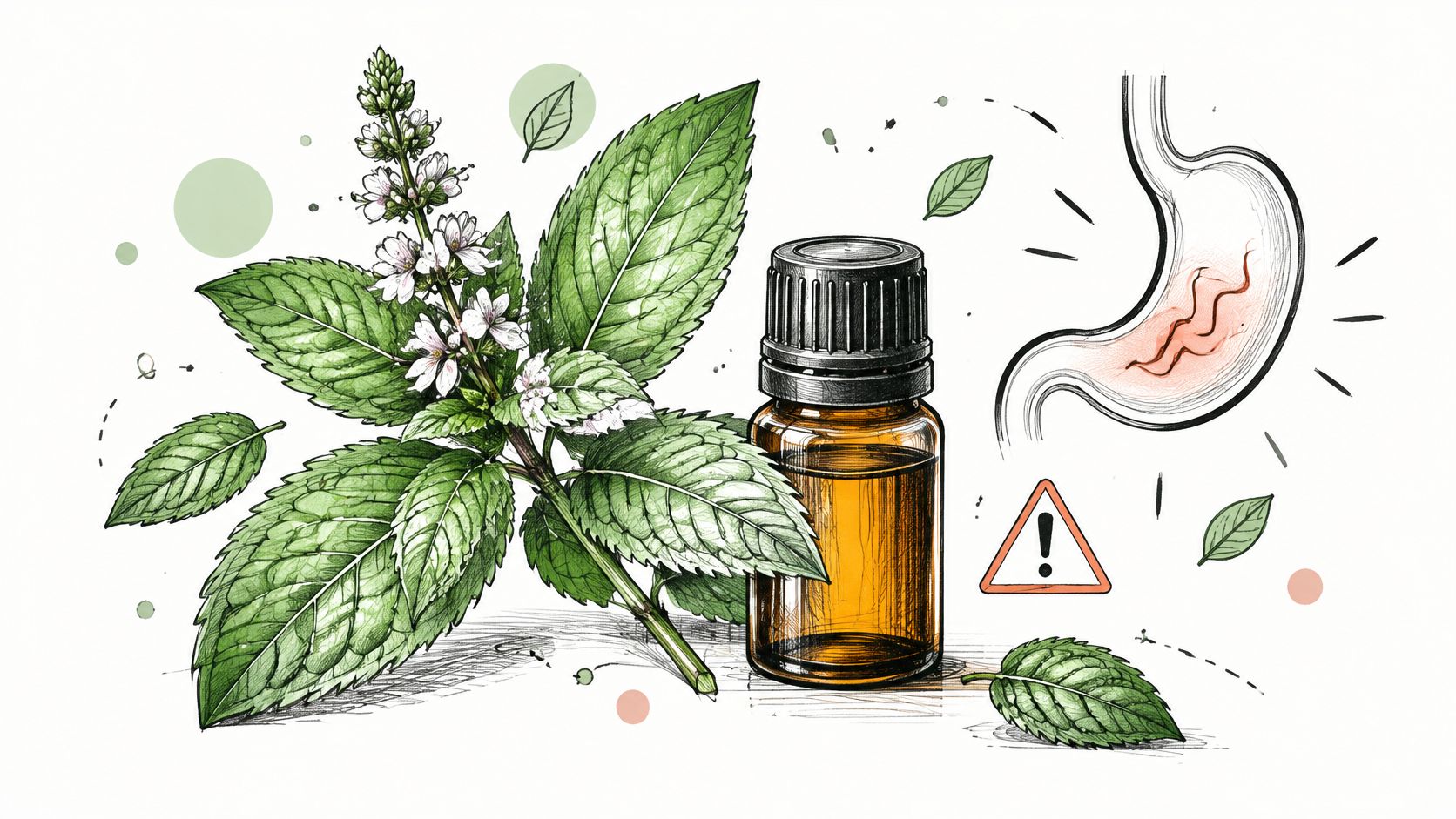 A botanical illustration featuring a peppermint plant, a dark glass essential oil bottle, and a stomach diagram.