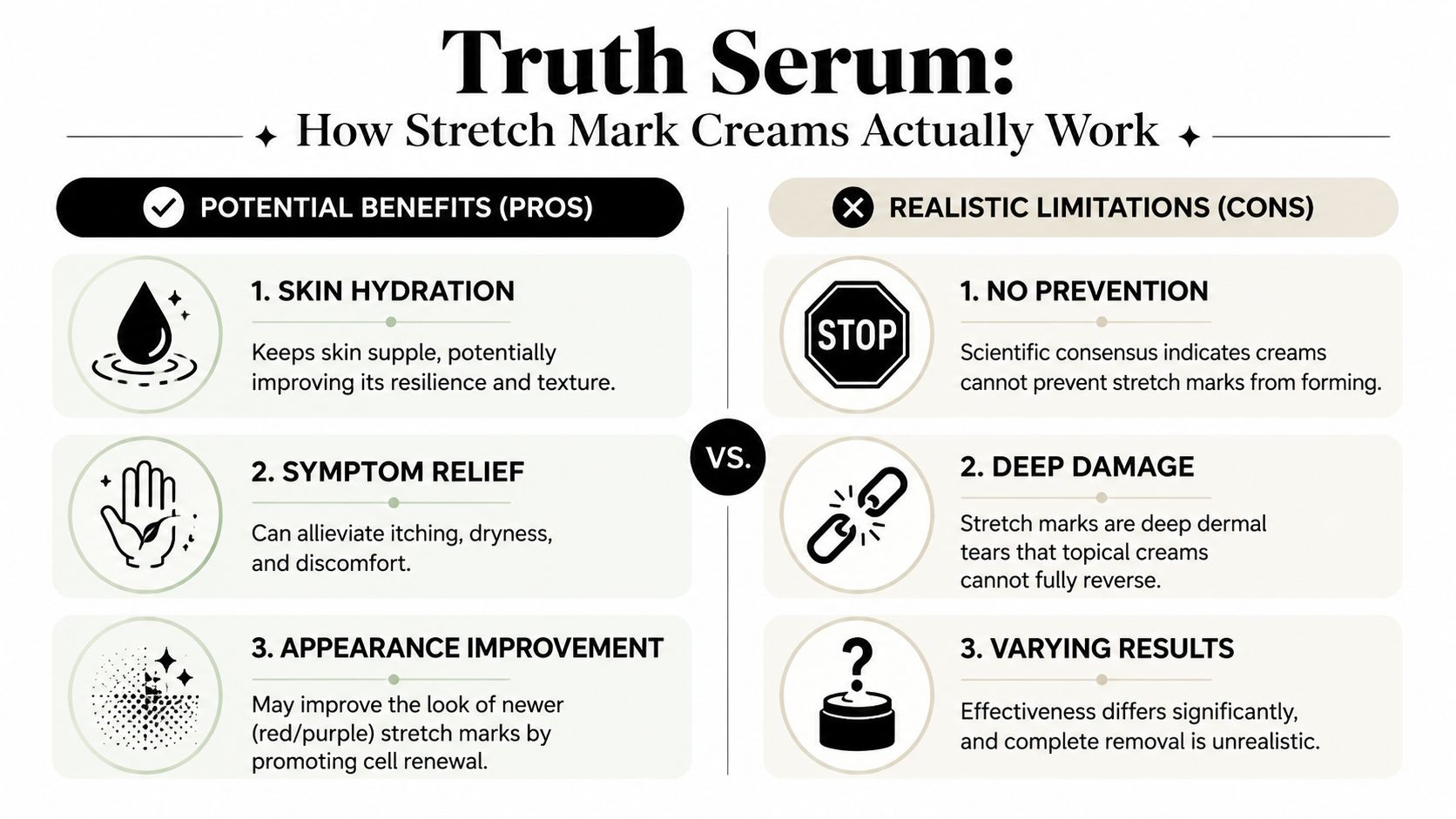 A comparison chart outlining the potential benefits and realistic limitations of using stretch mark creams.