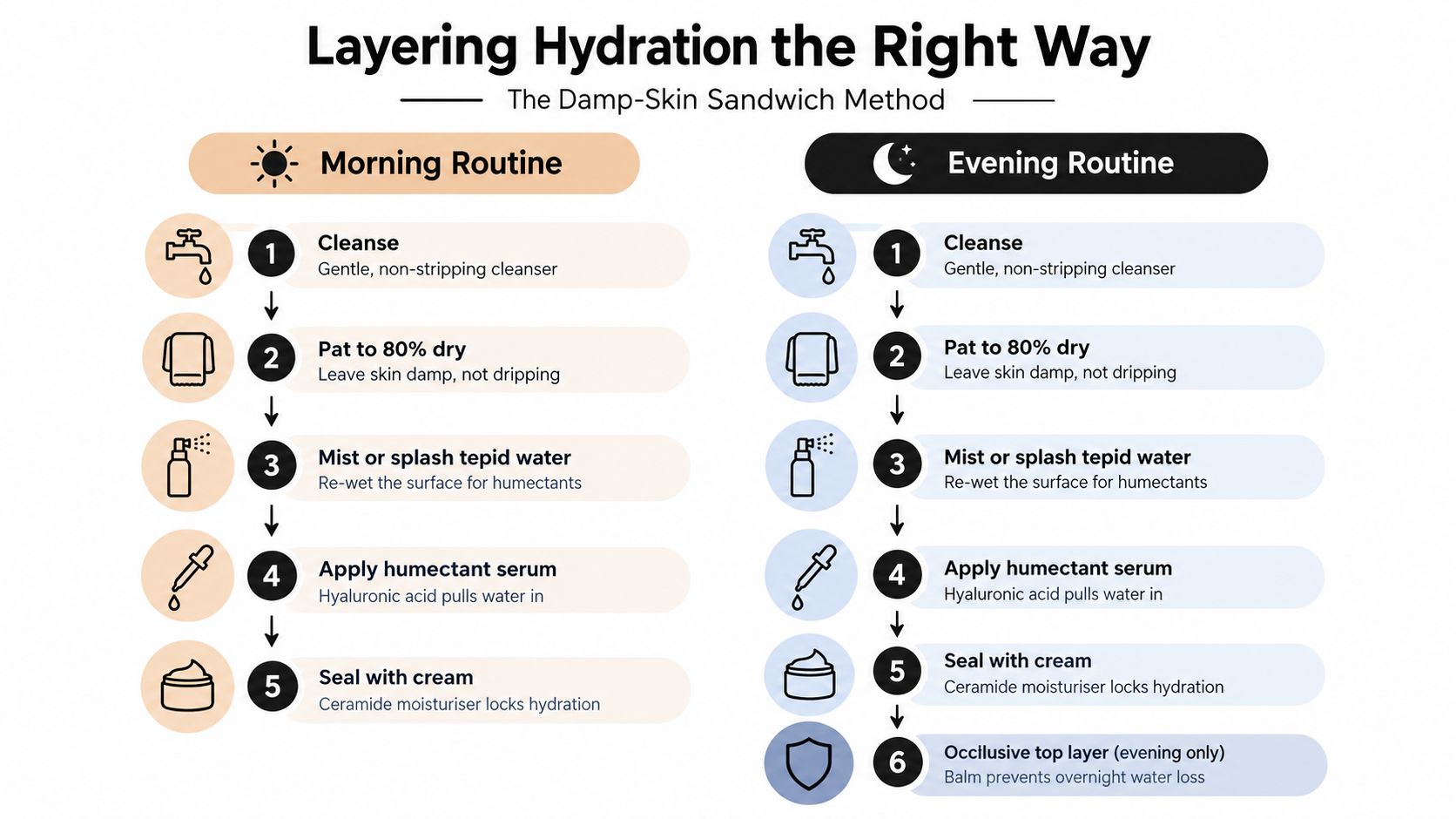 An infographic detailing a morning and evening damp-skin sandwich skincare routine for maintaining skin hydration.