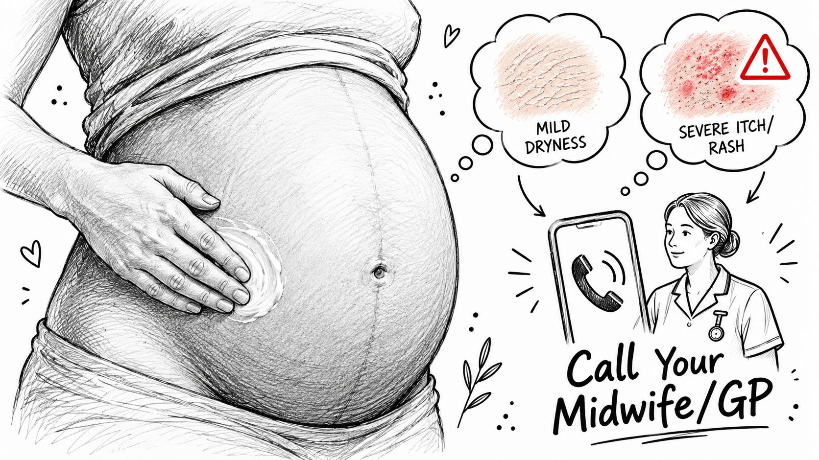A pregnant woman applying cream to her belly with icons showing advice to contact a medical professional.