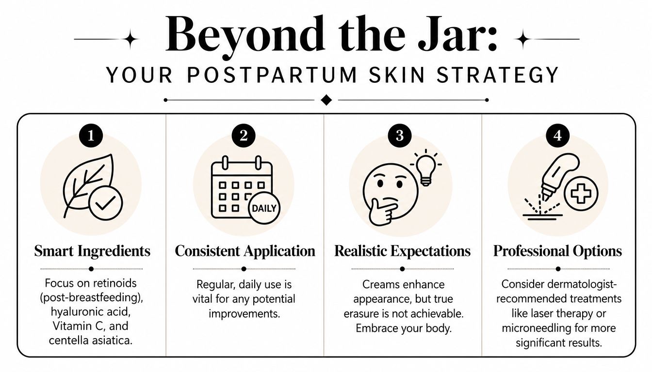 An infographic titled Beyond the Jar outlining a four-step postpartum skin strategy for addressing stretch marks.