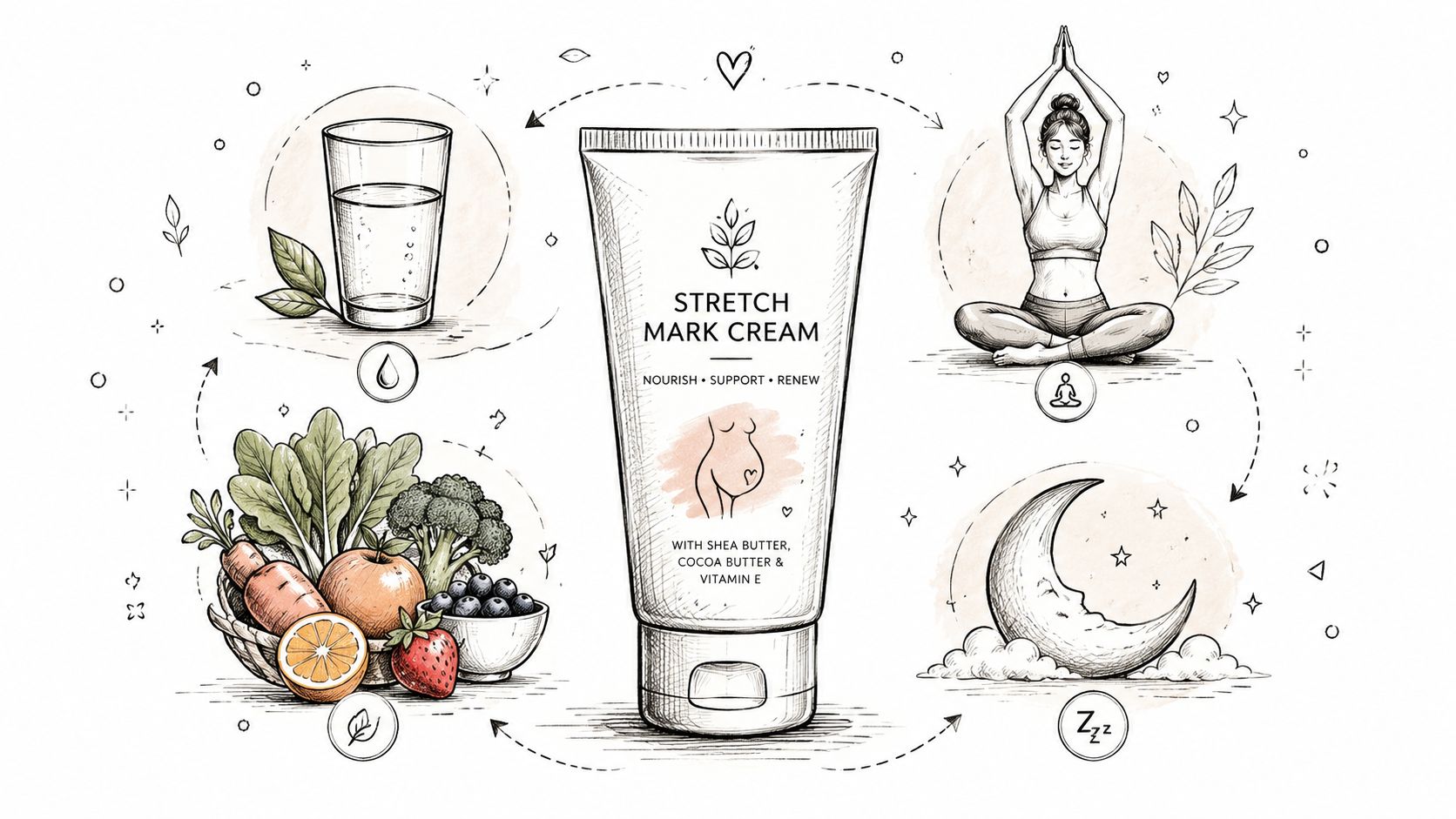 A hand-drawn illustration depicting a stretch mark cream tube surrounded by icons of healthy habits like hydration, yoga, nutritious food, and sleep.