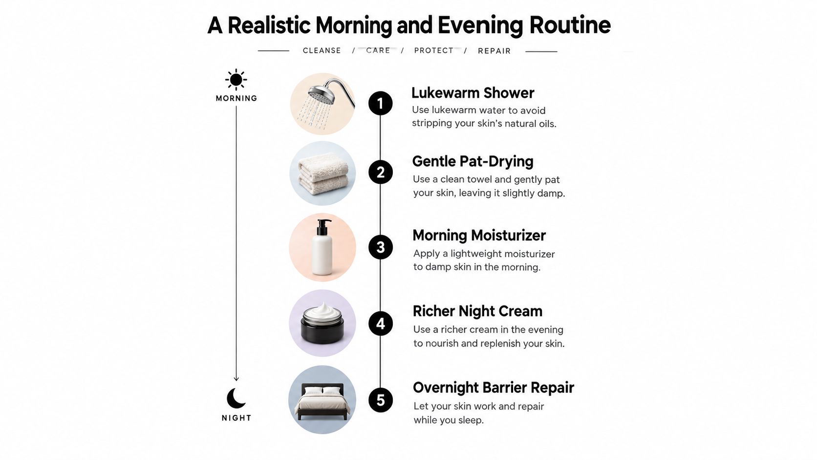 An infographic detailing a daily skincare routine for morning and evening with steps including showering and moisturizing.
