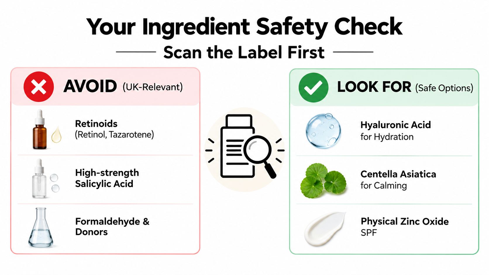 A safety guide for skincare ingredients to avoid and look for during pregnancy in the UK.