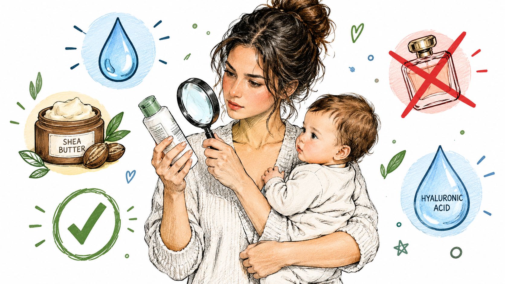 A mother holding her baby while carefully examining a skincare product bottle using a magnifying glass.