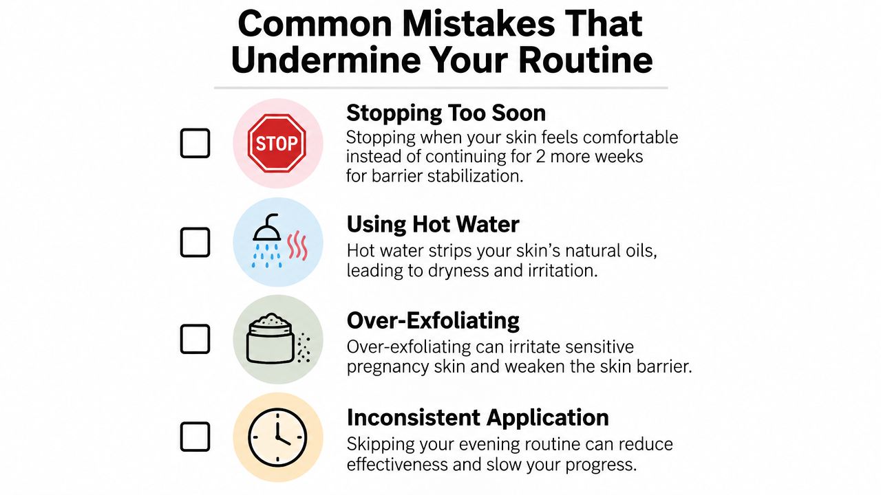 An infographic listing common skincare mistakes to avoid, including stopping too soon, hot water, over-exfoliating, and inconsistency.