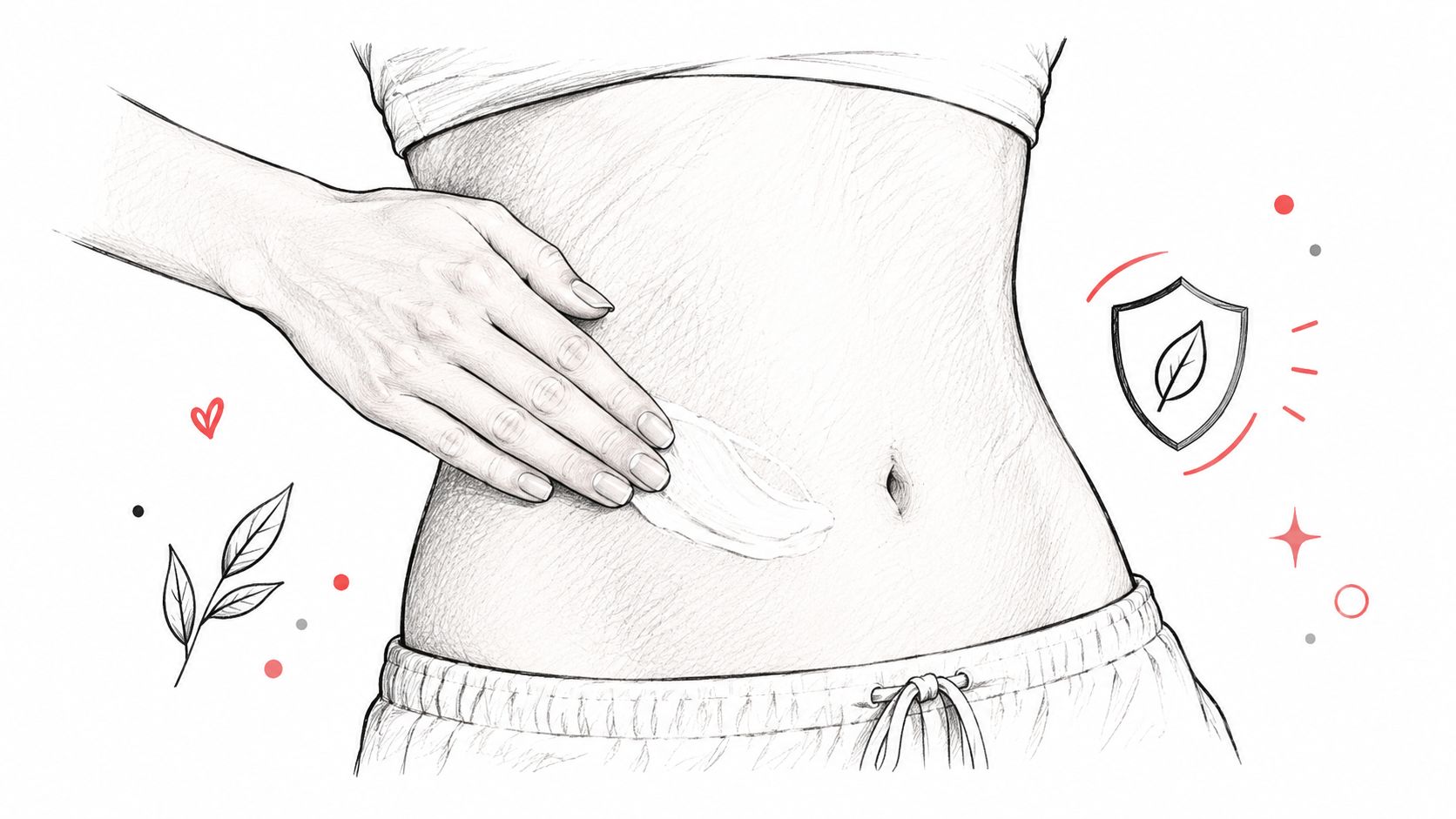 A hand applying cream to a woman's belly in a pencil sketch style, representing skincare and protection.