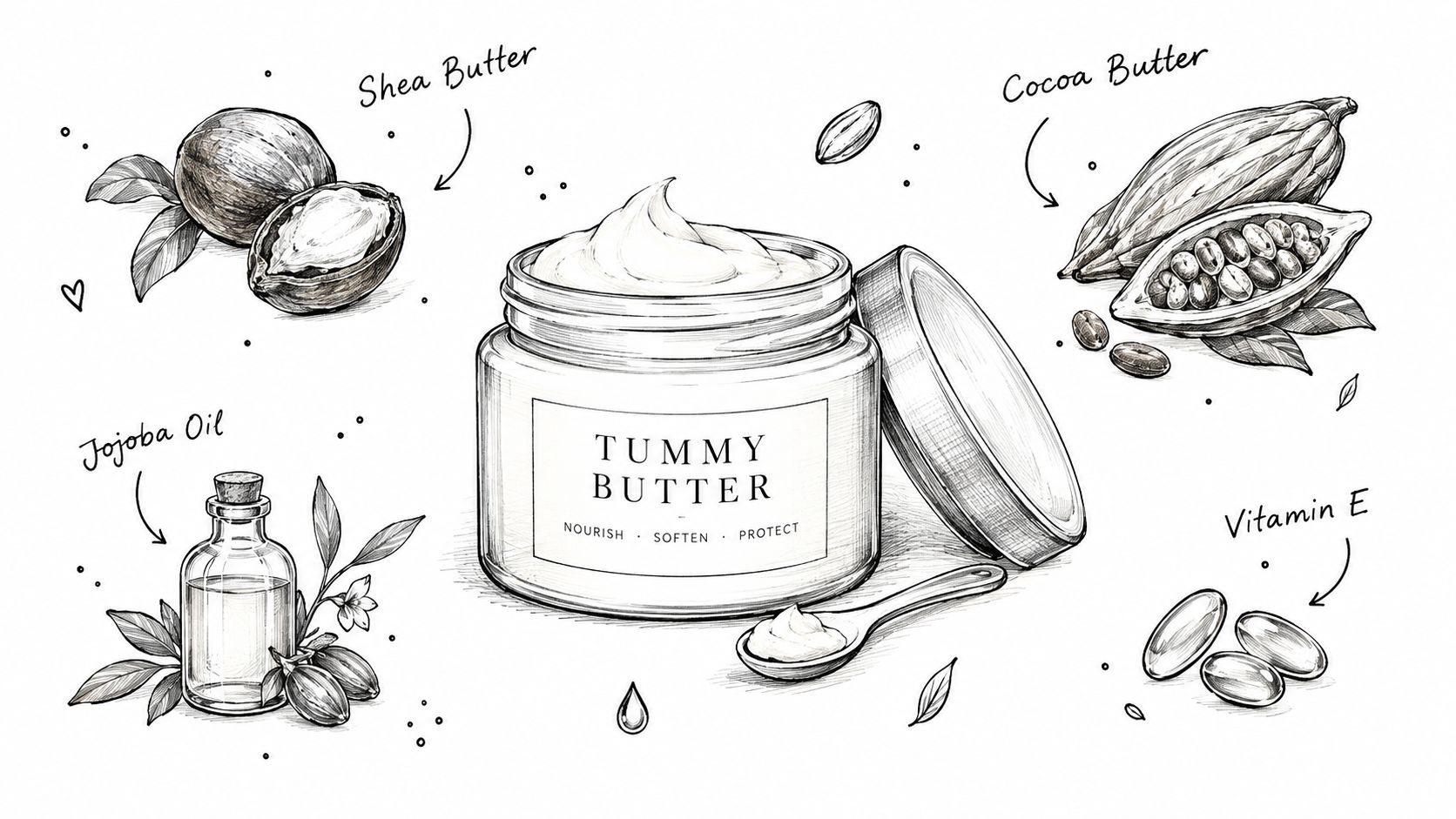An elegant line-art illustration featuring a jar of tummy butter surrounded by natural ingredients like shea, cocoa, and jojoba.