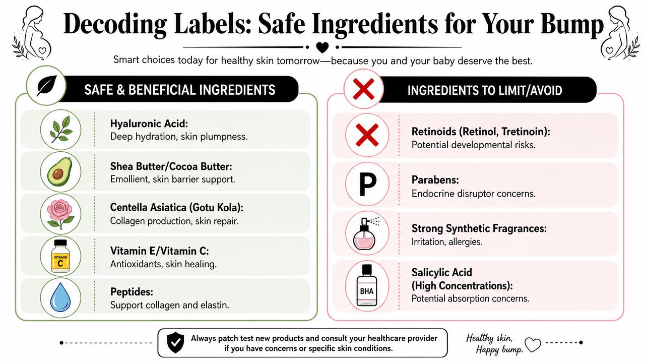 An infographic titled Decoding Labels: Safe Ingredients for Your Bump, showing skincare ingredients to use and avoid during pregnancy.