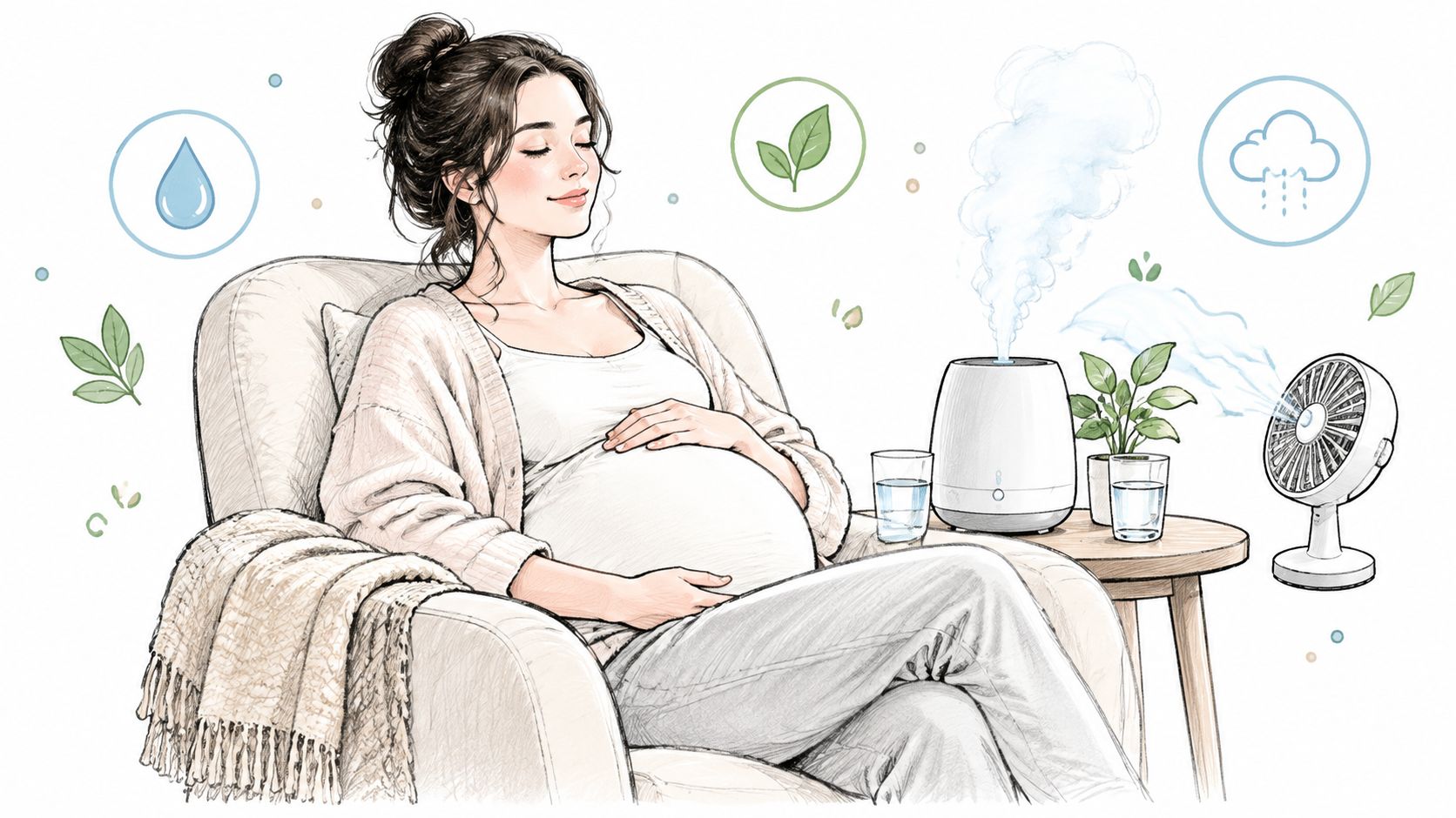 A pregnant woman relaxing in a comfortable chair next to a humidifier and a small fan.
