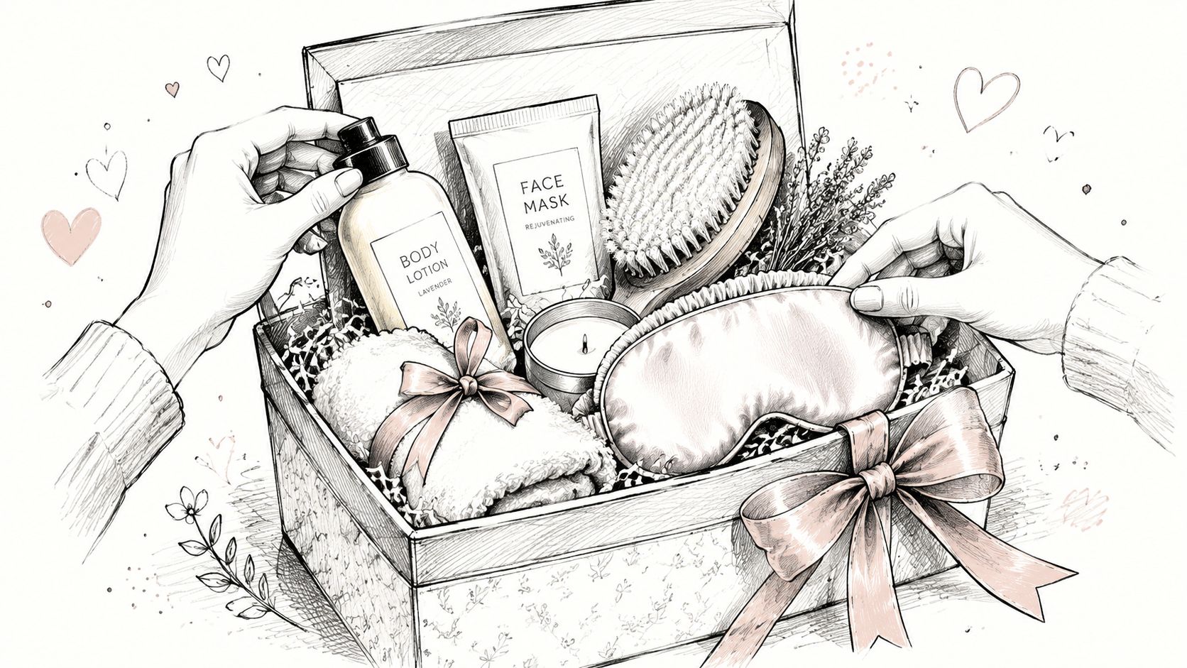 A line-art style illustration of a gift box filled with self-care items and pampering beauty products.