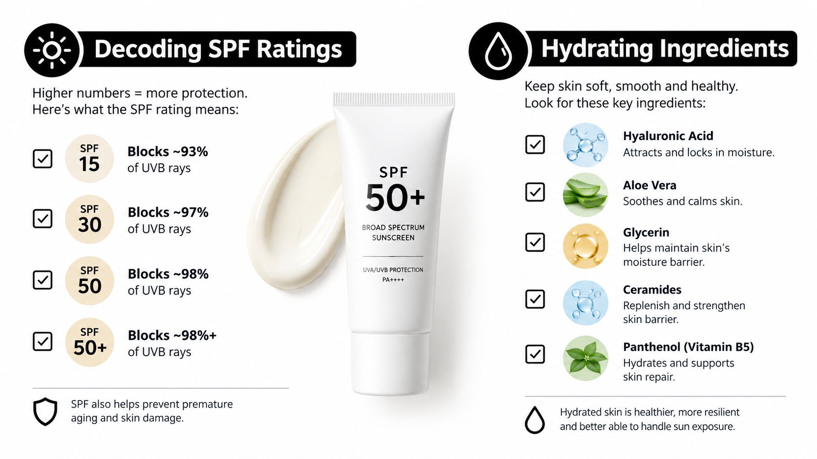 A sunscreen tube illustration with charts detailing SPF ratings and recommended hydrating skincare ingredients for protection.