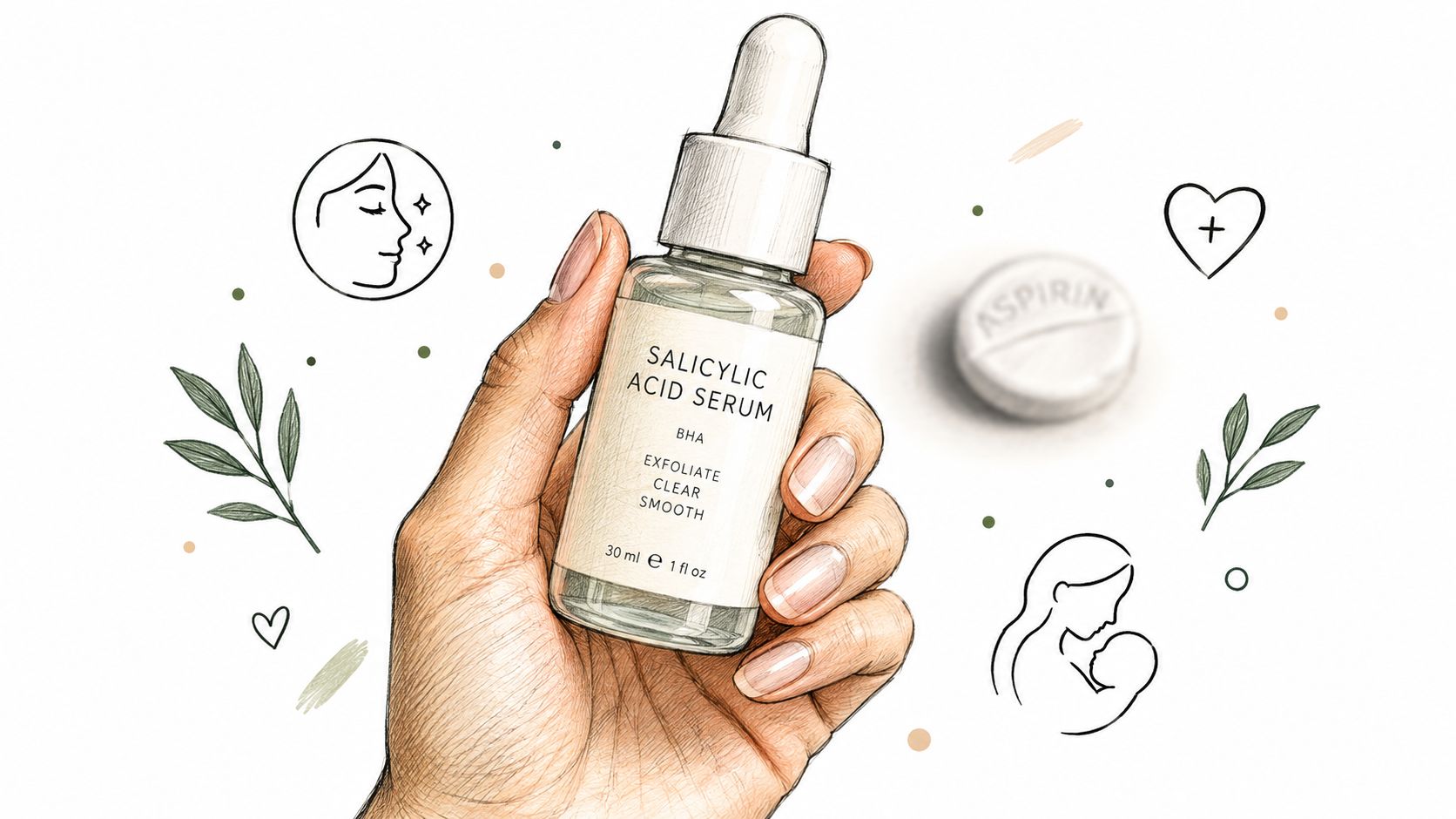 A hand holding a bottle of salicylic acid serum with skincare and pregnancy-related illustrations in the background.